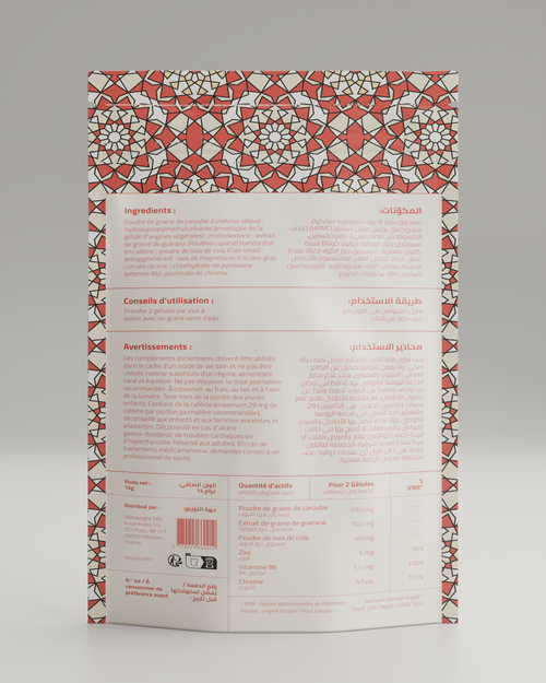 Sachet Bissaha B-01, face arrière : ingrédients, conseils d'utilisation et avertissements